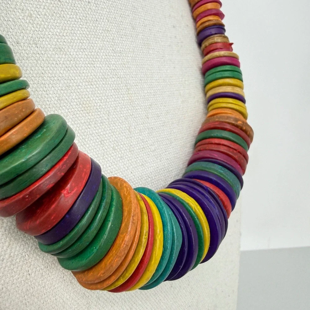 Multicolor Chunky Wood Disc‎ Bead Statement Necklace Rainbow Boho Adjustable